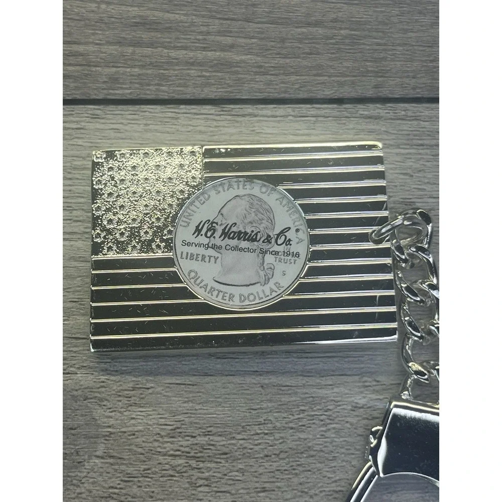 H.E. Harris Flag Keychain New Old Stock Car Truck American Flag Silver Plated